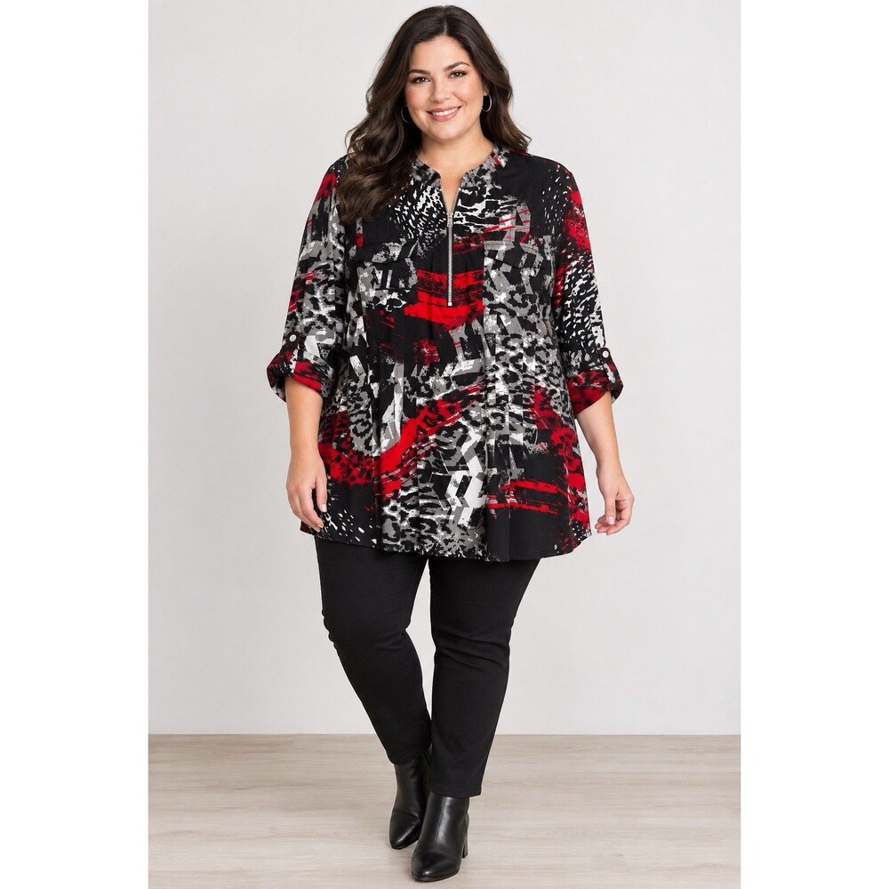 New Directions 1X Abstract Print Roll Tab Sleeve Tunic Zip Pockets Top Black Red